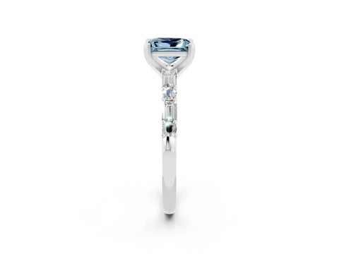 White gold Princess Cut Aquamarine Solitaire with Side Baguettes and Channel Set Band_2