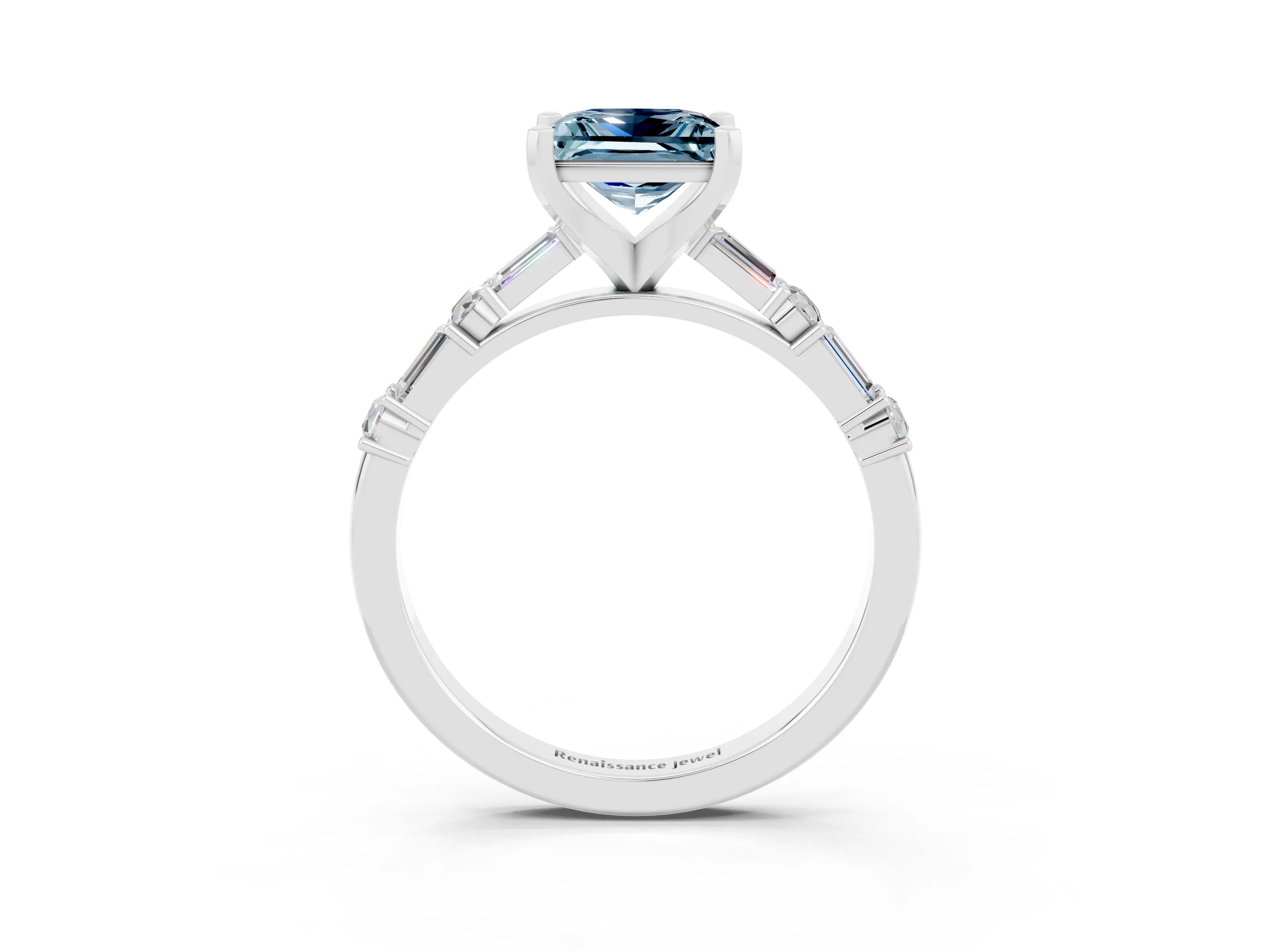 White gold Princess Cut Aquamarine Solitaire with Side Baguettes and Channel Set Band_3