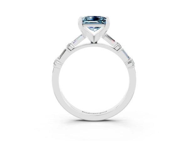 Silver Princess Cut Aquamarine Solitaire with Side Baguettes and Channel Set Band