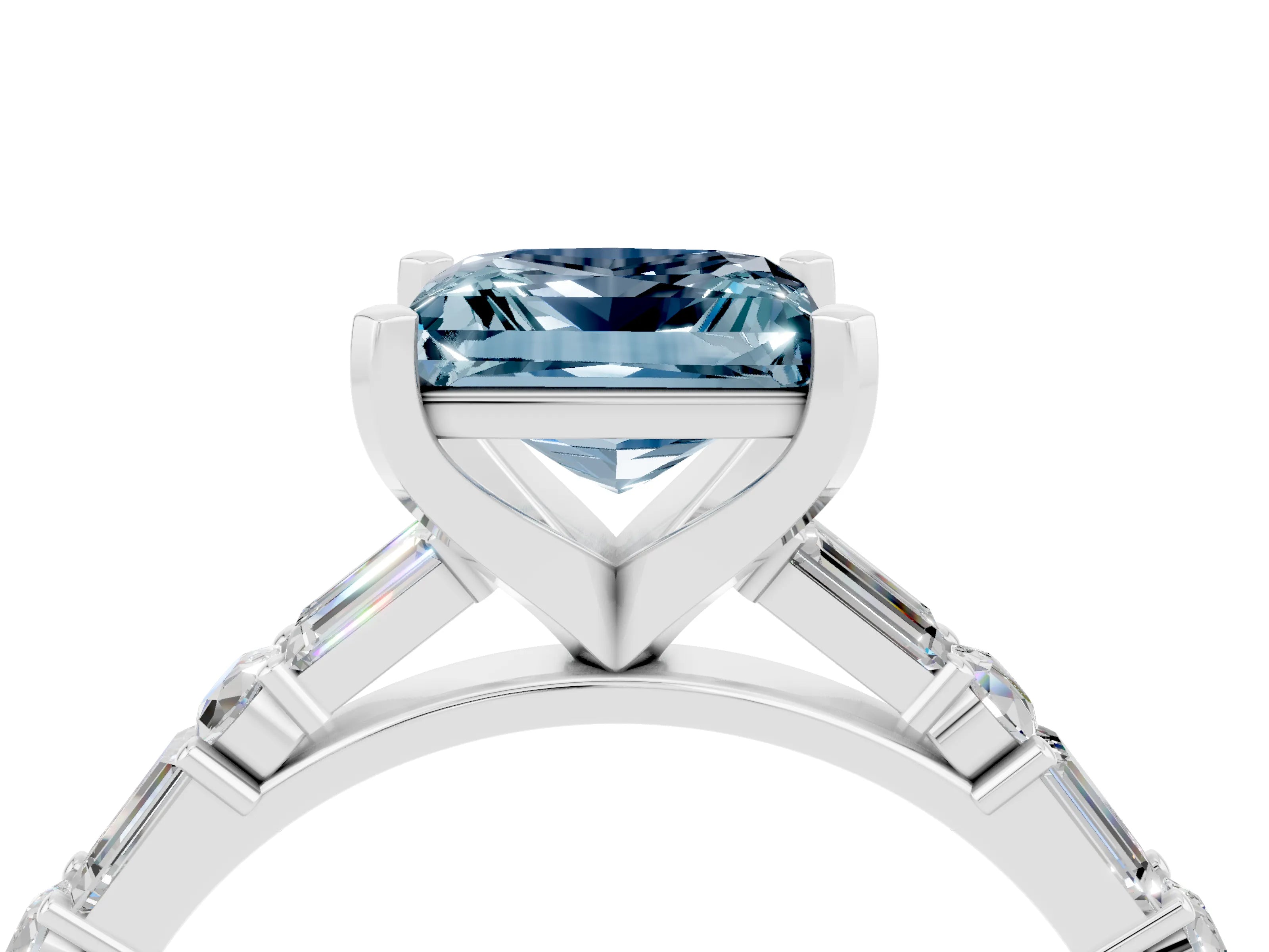White gold Princess Cut Aquamarine Solitaire with Side Baguettes and Channel Set Band_4
