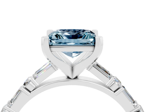 White gold Princess Cut Aquamarine Solitaire with Side Baguettes and Channel Set Band_4