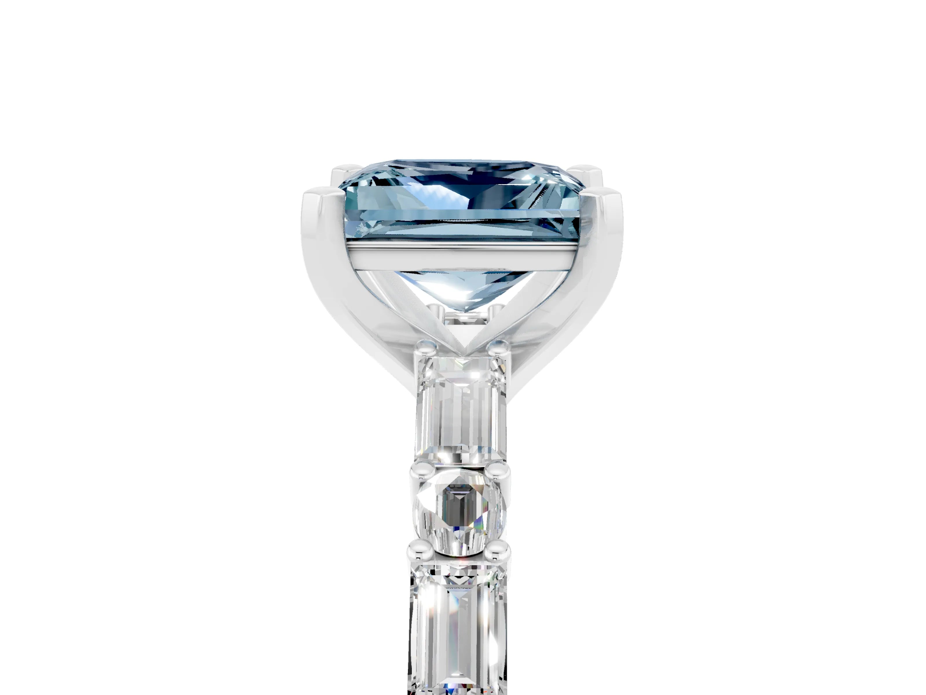 White gold Princess Cut Aquamarine Solitaire with Side Baguettes and Channel Set Band_5
