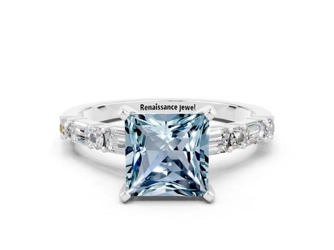 White gold Princess Cut Aquamarine Solitaire with Side Baguettes and Channel Set Band
