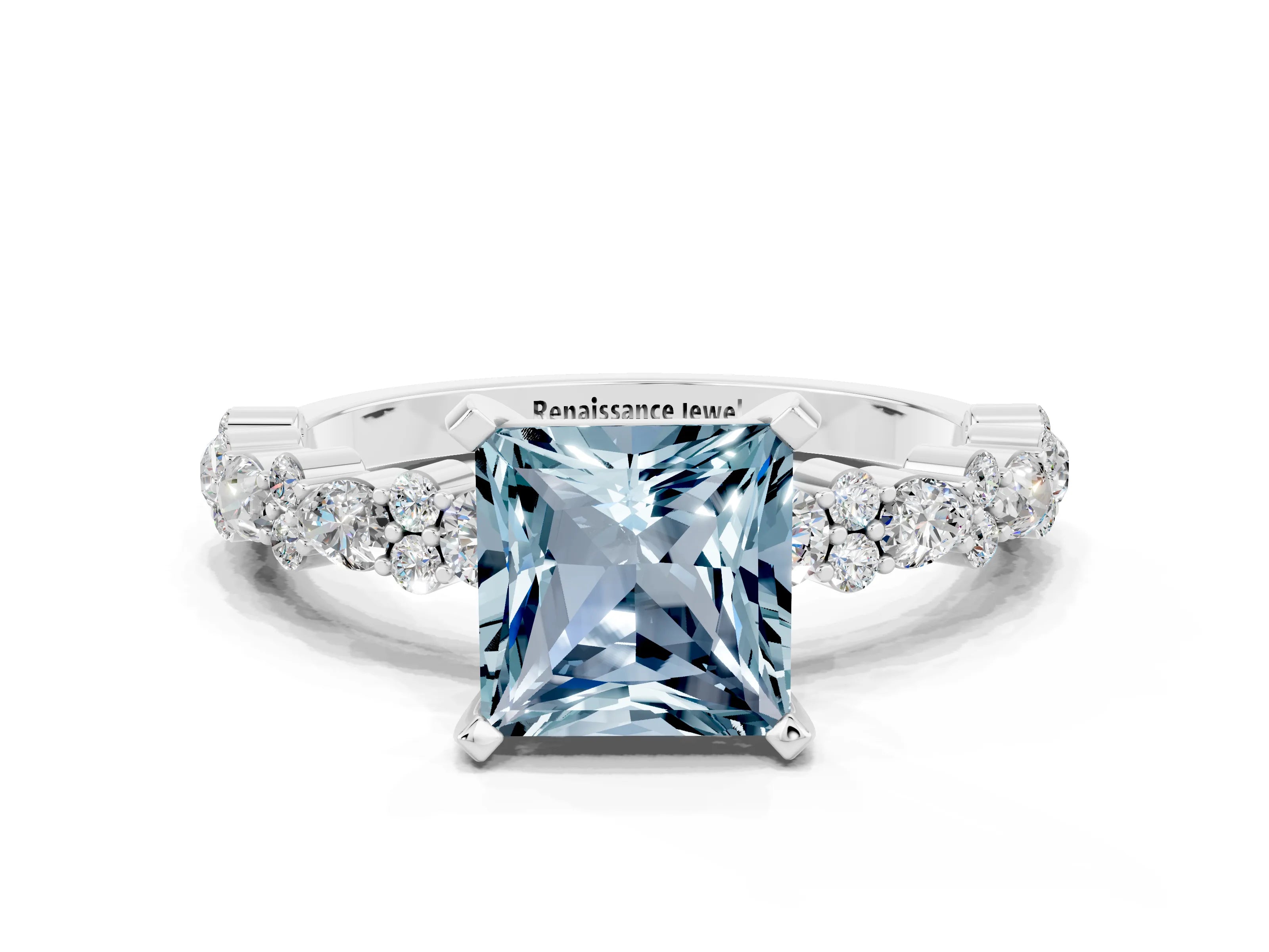 White gold Princess Cut Aquamarine Solitaire with Side Stones, Pave Band, Four-Prong Setting_36
