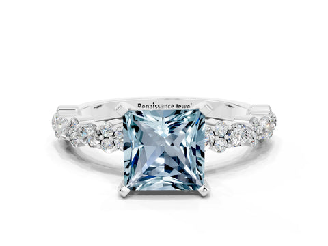 White gold Princess Cut Aquamarine Solitaire with Side Stones, Pave Band, Four-Prong Setting_36