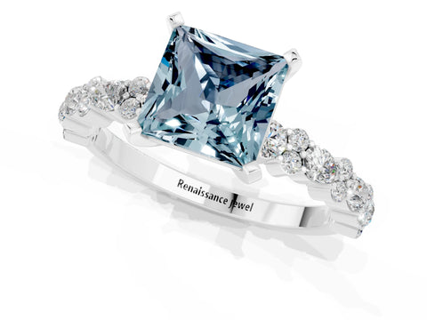White gold Princess Cut Aquamarine Solitaire with Side Stones, Pave Band, Four-Prong Setting_37