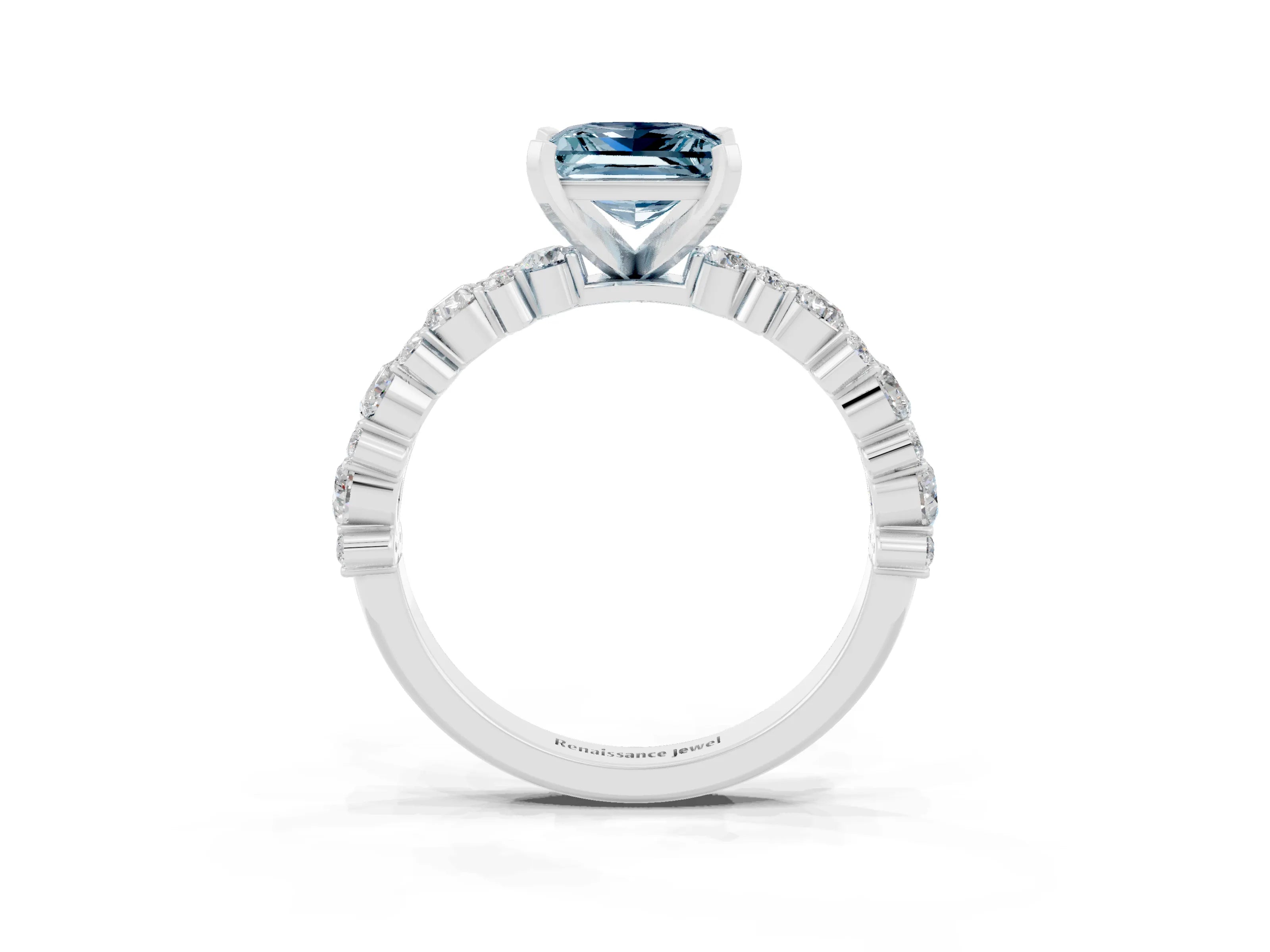 White gold Princess Cut Aquamarine Solitaire with Side Stones, Pave Band, Four-Prong Setting_39