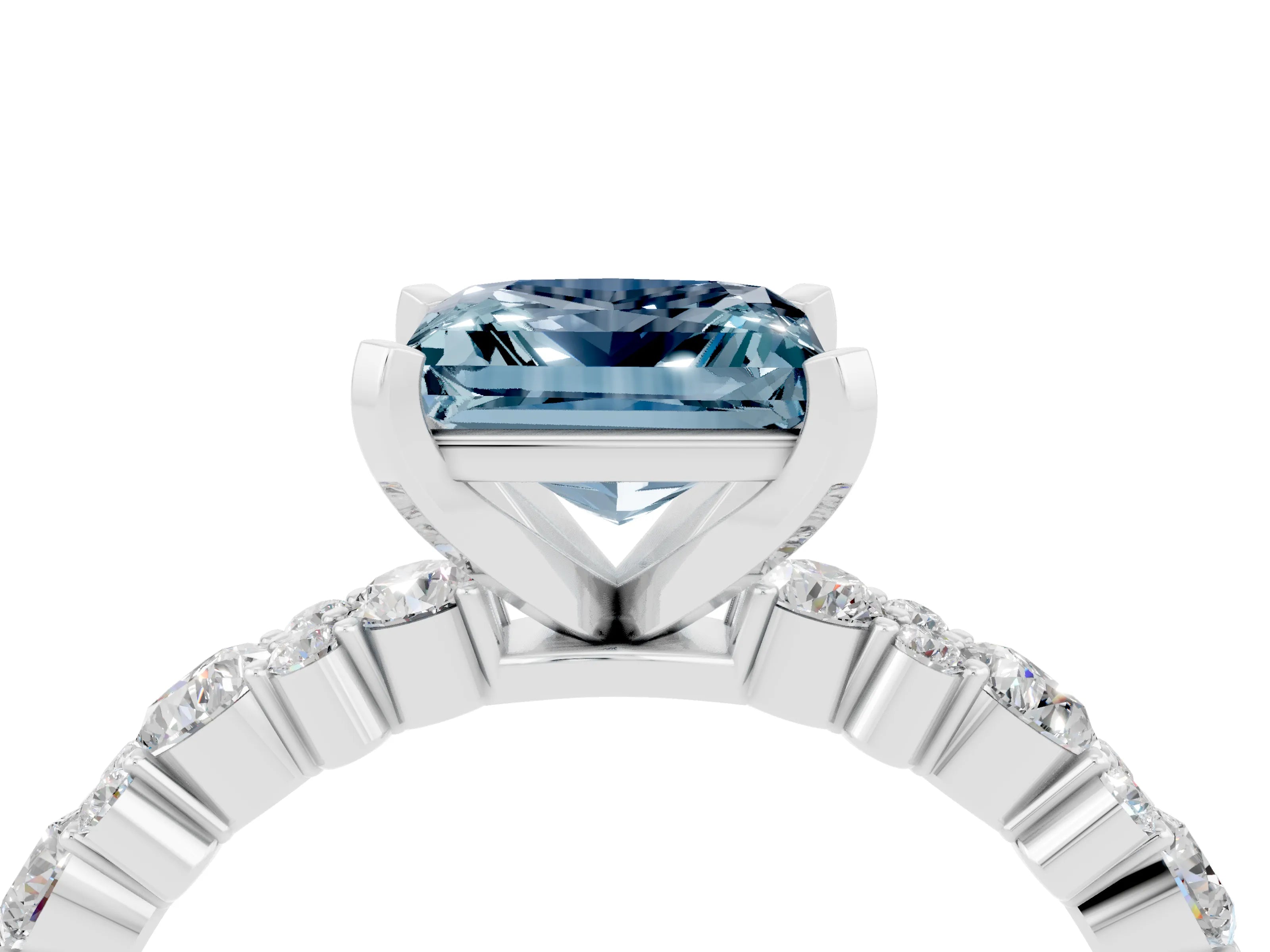 White gold Princess Cut Aquamarine Solitaire with Side Stones, Pave Band, Four-Prong Setting_40