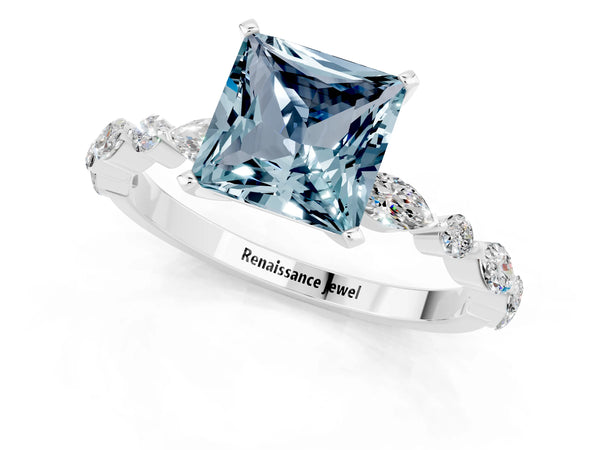 Platinum Princess Cut Aquamarine Ring with Marquise and Round  Side Stones and Four-Prong Setting