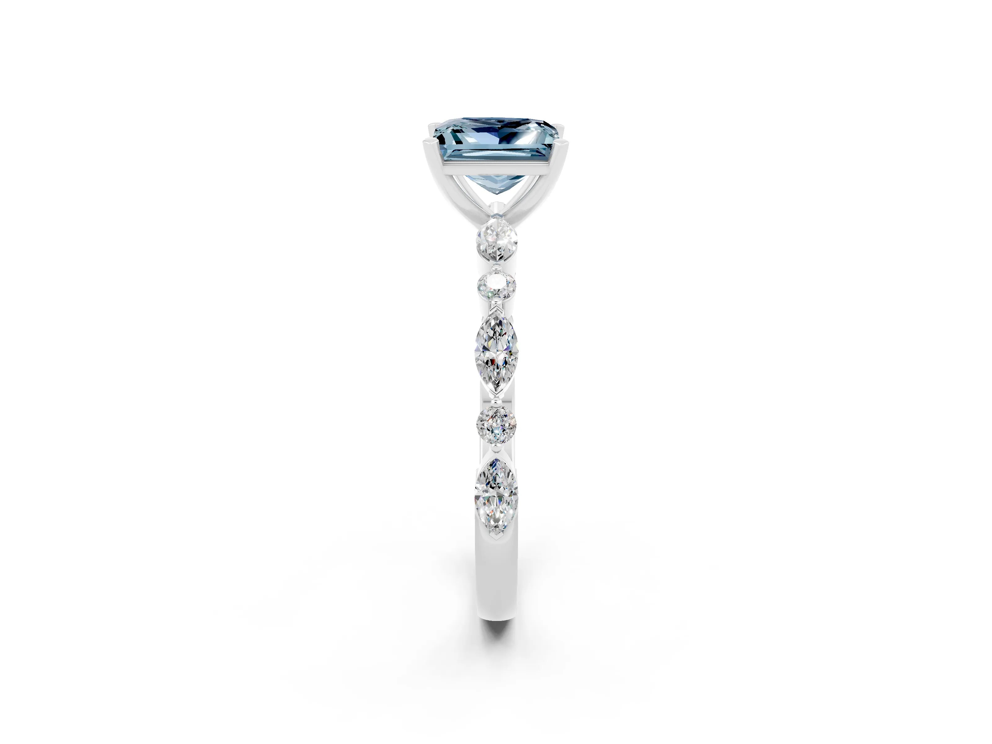 White gold Princess Cut Aquamarine Solitaire with Side Stones on a Pavé Band and Four-Prong Setting_2