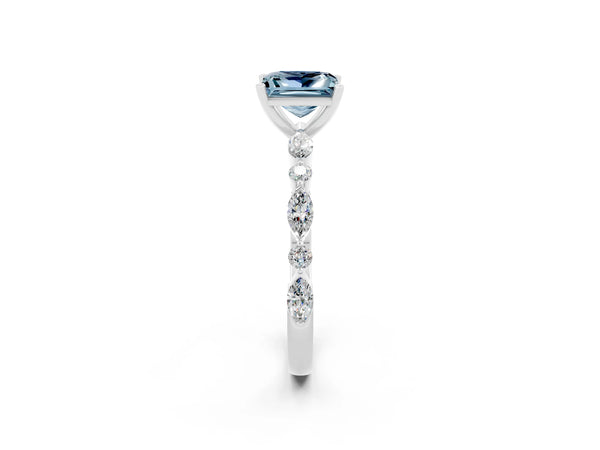 Silver Princess Cut Aquamarine Ring with Marquise and Round  Side Stones and Four-Prong Setting