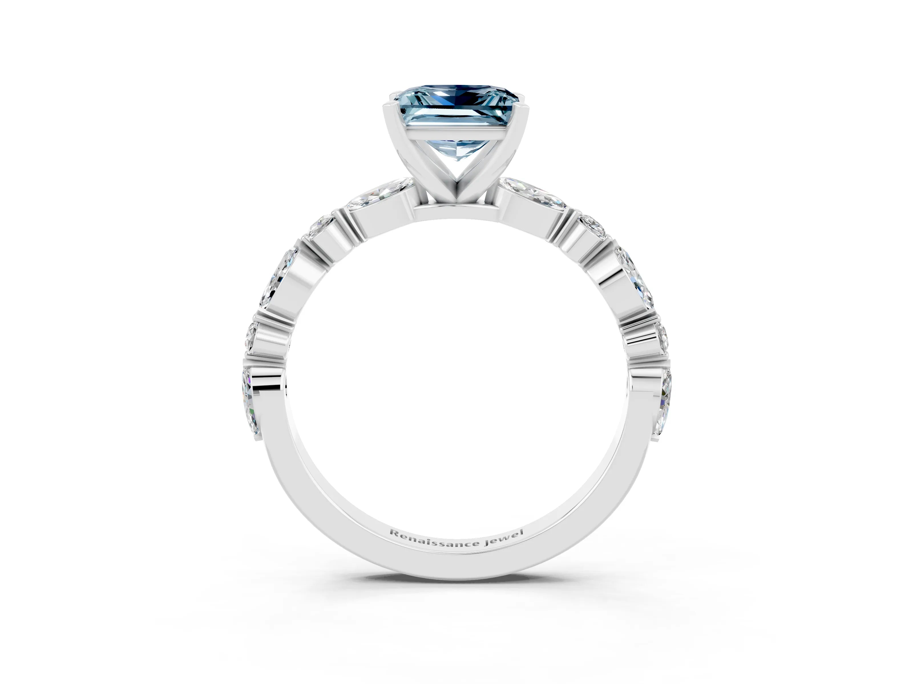 White gold Princess Cut Aquamarine Solitaire with Side Stones on a Pavé Band and Four-Prong Setting_3