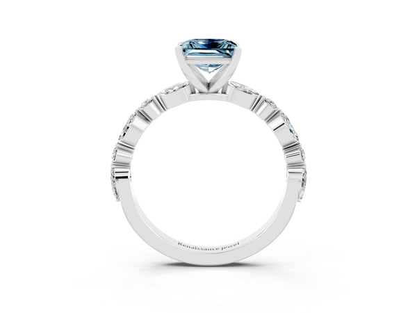 Silver Princess Cut Aquamarine Ring with Marquise and Round  Side Stones and Four-Prong Setting