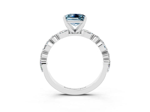 White gold Princess Cut Aquamarine Solitaire with Side Stones on a Pavé Band and Four-Prong Setting_3