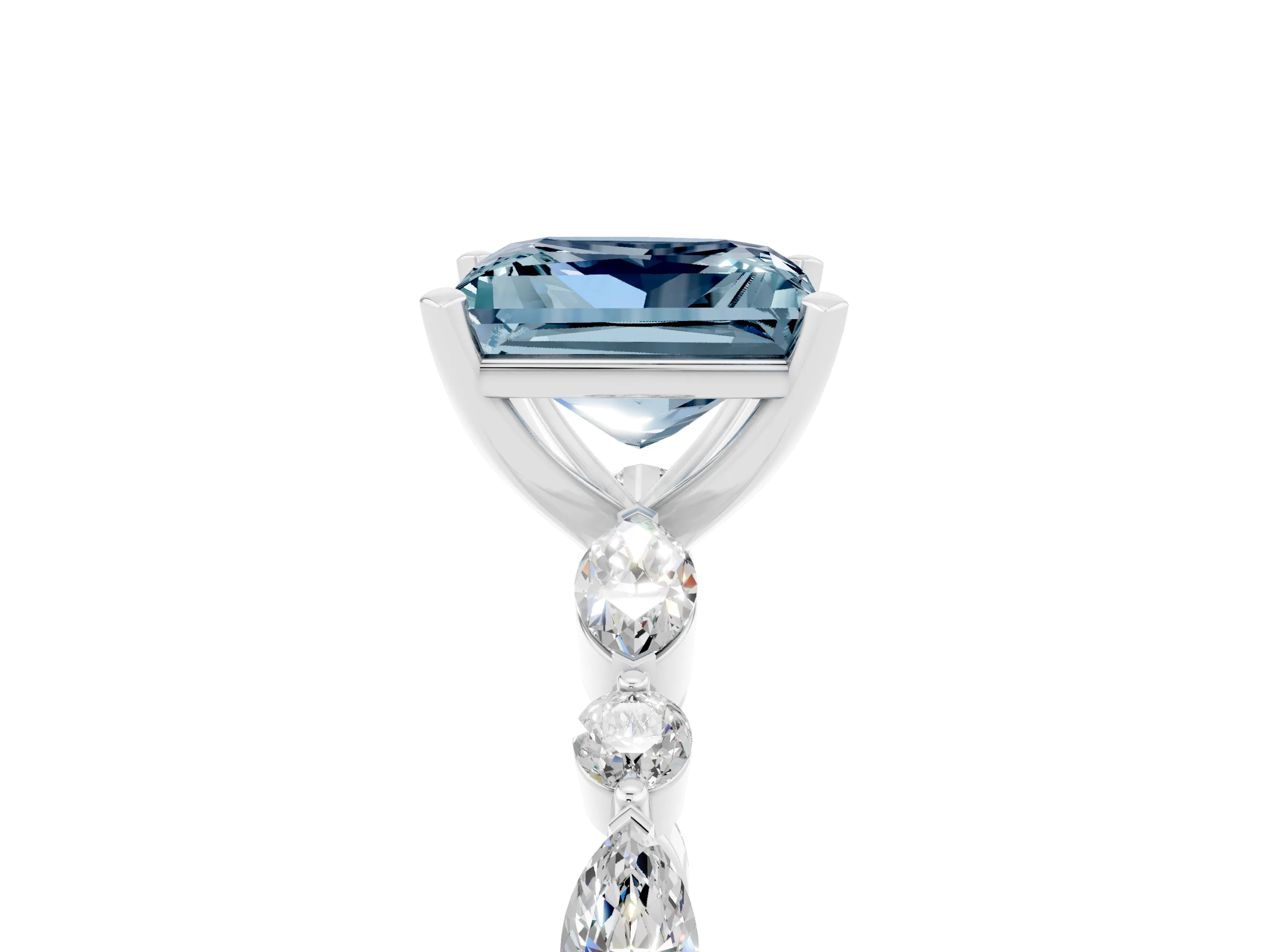 White gold Princess Cut Aquamarine Solitaire with Side Stones on a Pavé Band and Four-Prong Setting_5