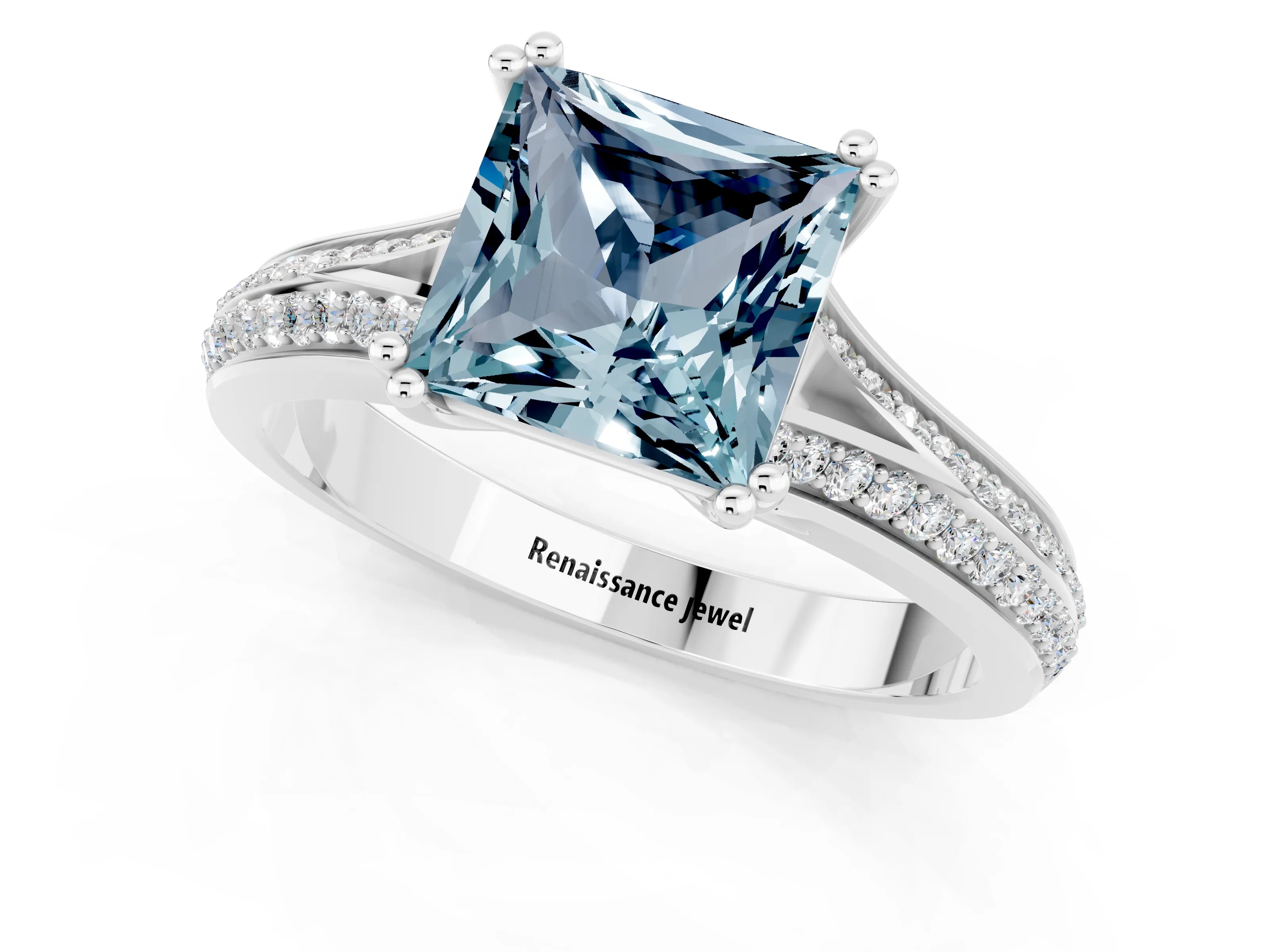 White gold Princess Cut Aquamarine Split Shank Engagement Ring with Pavé Band_1