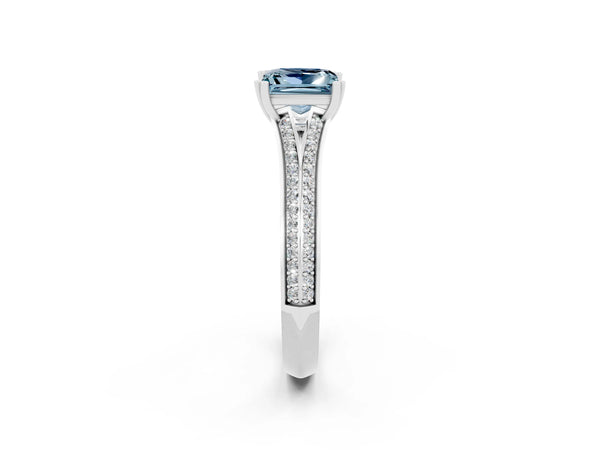 Platinum Princess Cut Aquamarine Split Shank Engagement Ring with Pavé Band