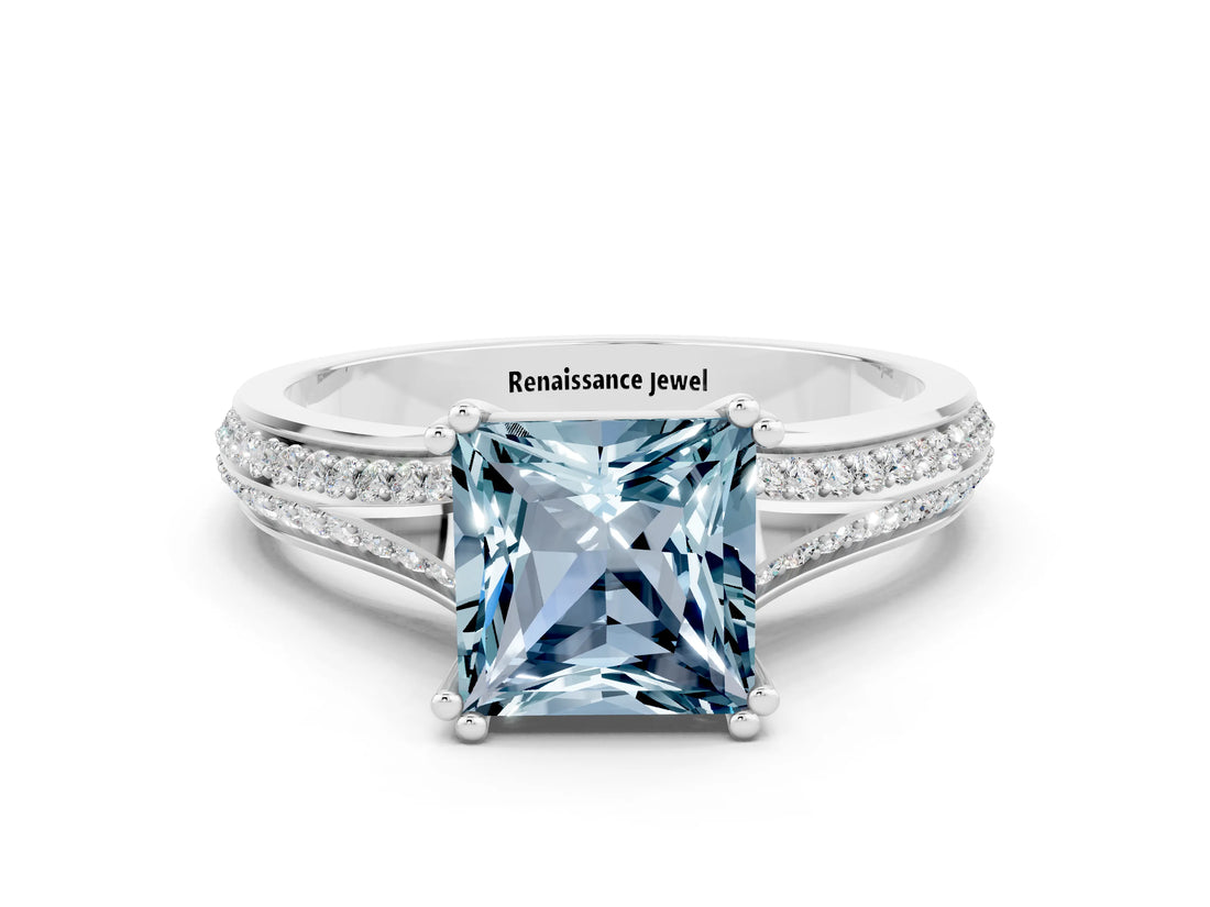 White gold Princess Cut Aquamarine Split Shank Engagement Ring with Pavé Band
