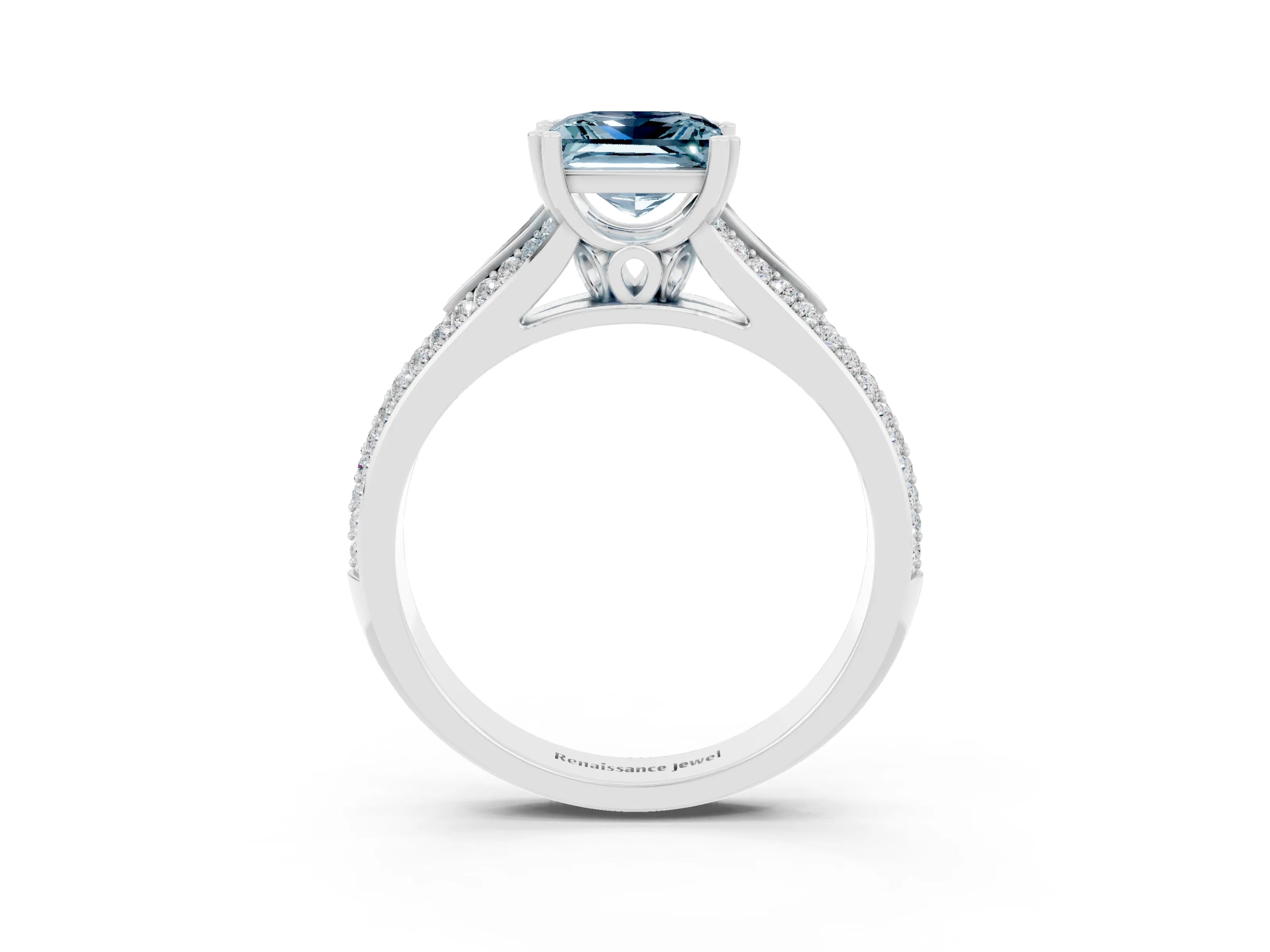 White gold Princess Cut Aquamarine Split Shank Engagement Ring with Pavé Band_3