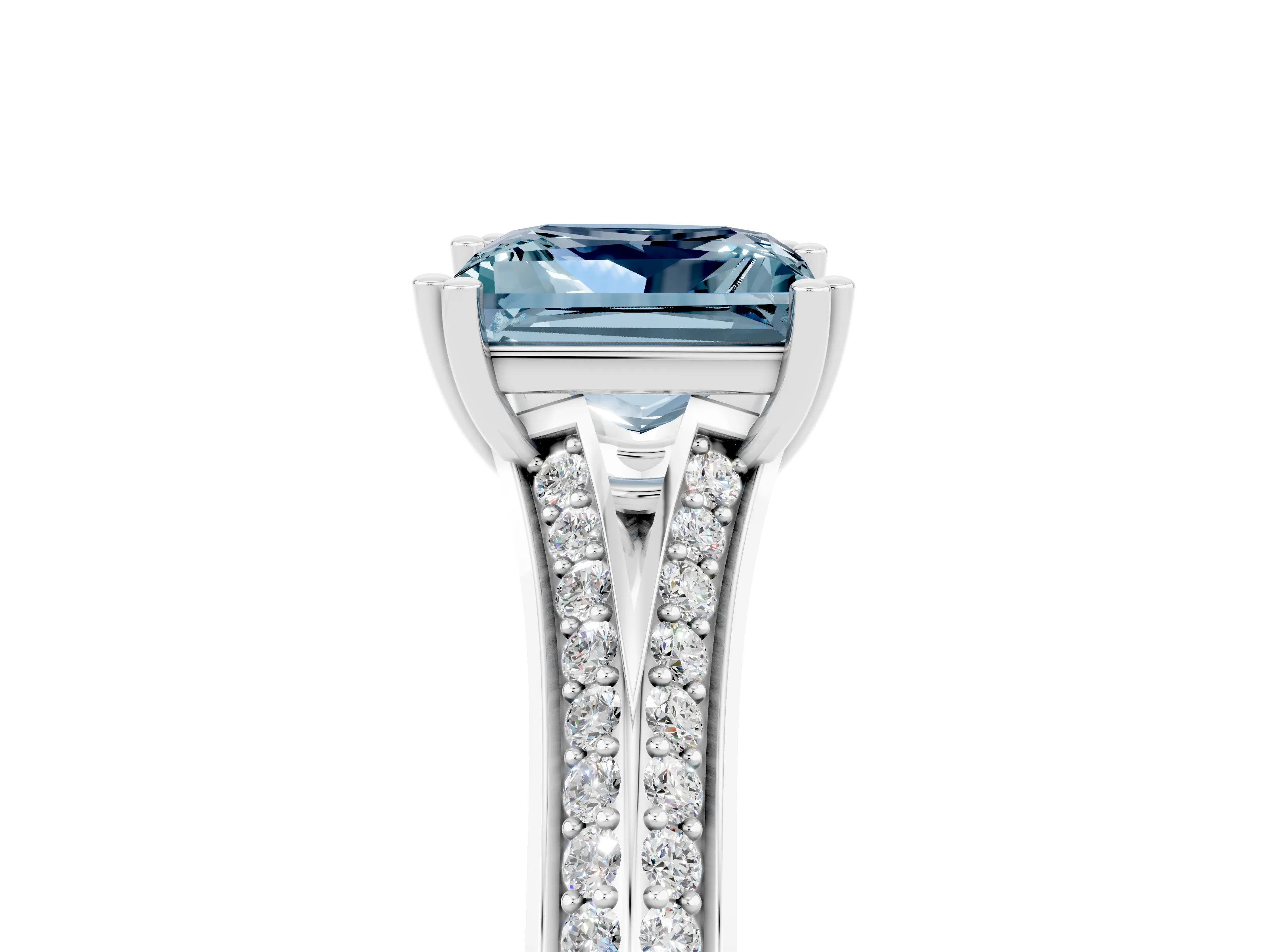 White gold Princess Cut Aquamarine Split Shank Engagement Ring with Pavé Band_5