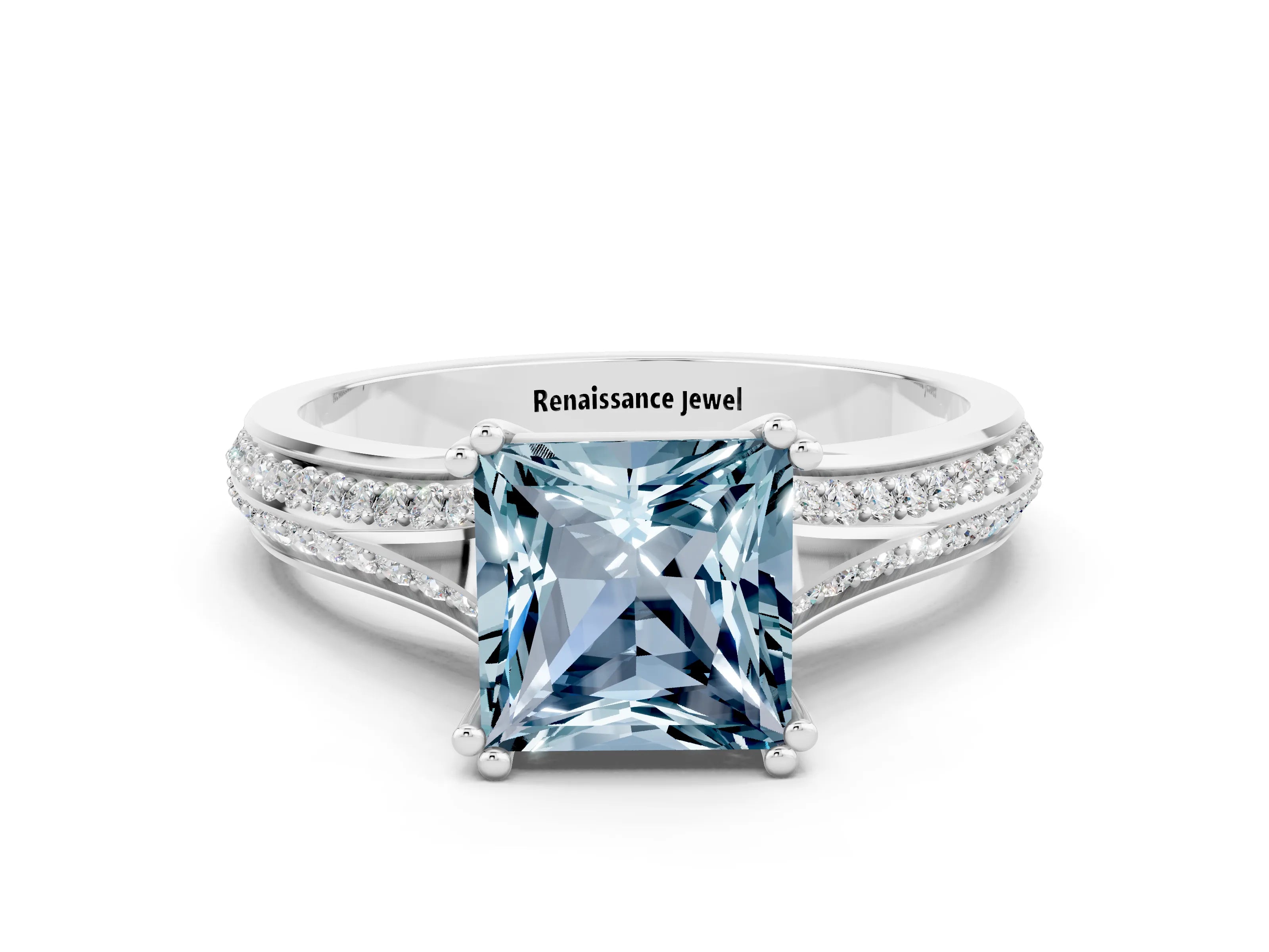White gold Princess Cut Aquamarine Split Shank Engagement Ring with Pavé Band