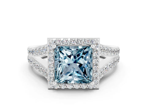 White gold Princess Cut Aquamarine Split Shank Halo Ring with Four-Prong Setting_60