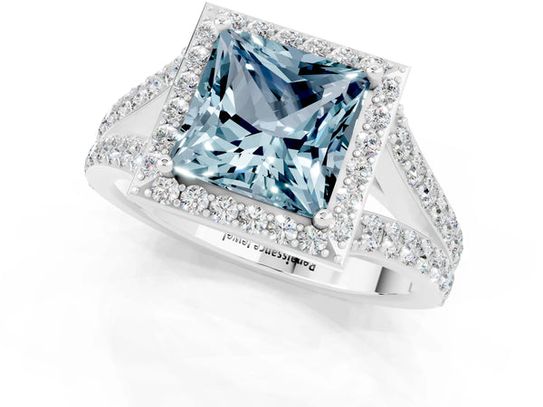 Platinum Princess Cut Aquamarine Split Shank Halo Ring with Four-Prong Setting