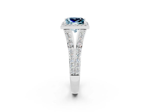 Platinum Princess Cut Aquamarine Split Shank Halo Ring with Four-Prong Setting
