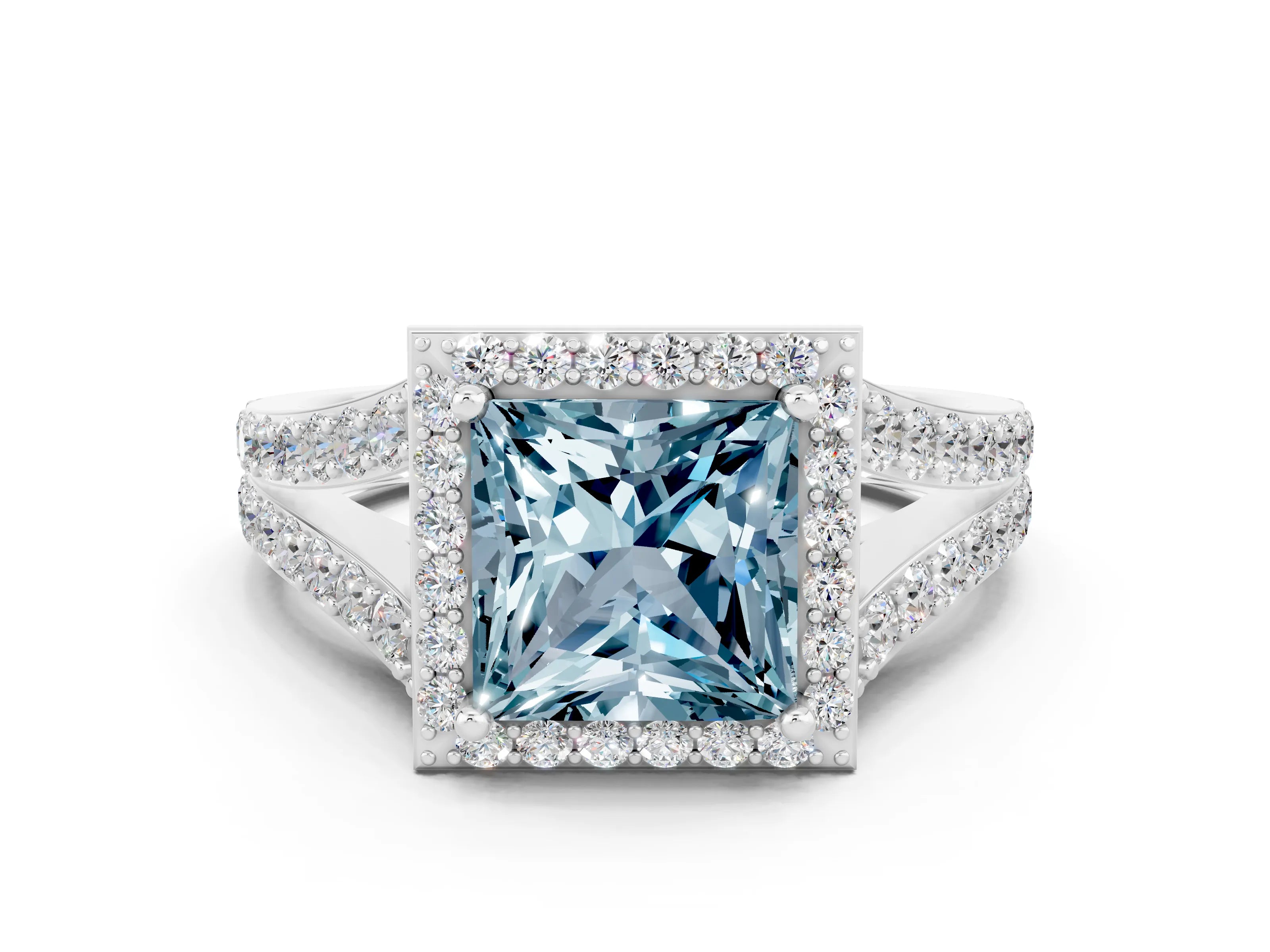 White gold Princess Cut Aquamarine Split Shank Halo Ring with Four-Prong Setting_63