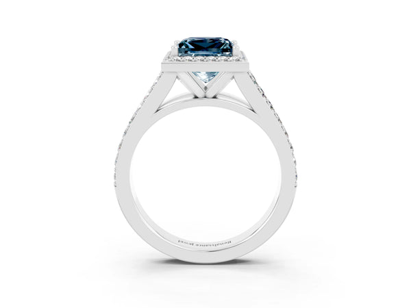 Silver Princess Cut Aquamarine Split Shank Halo Ring with Four-Prong Setting