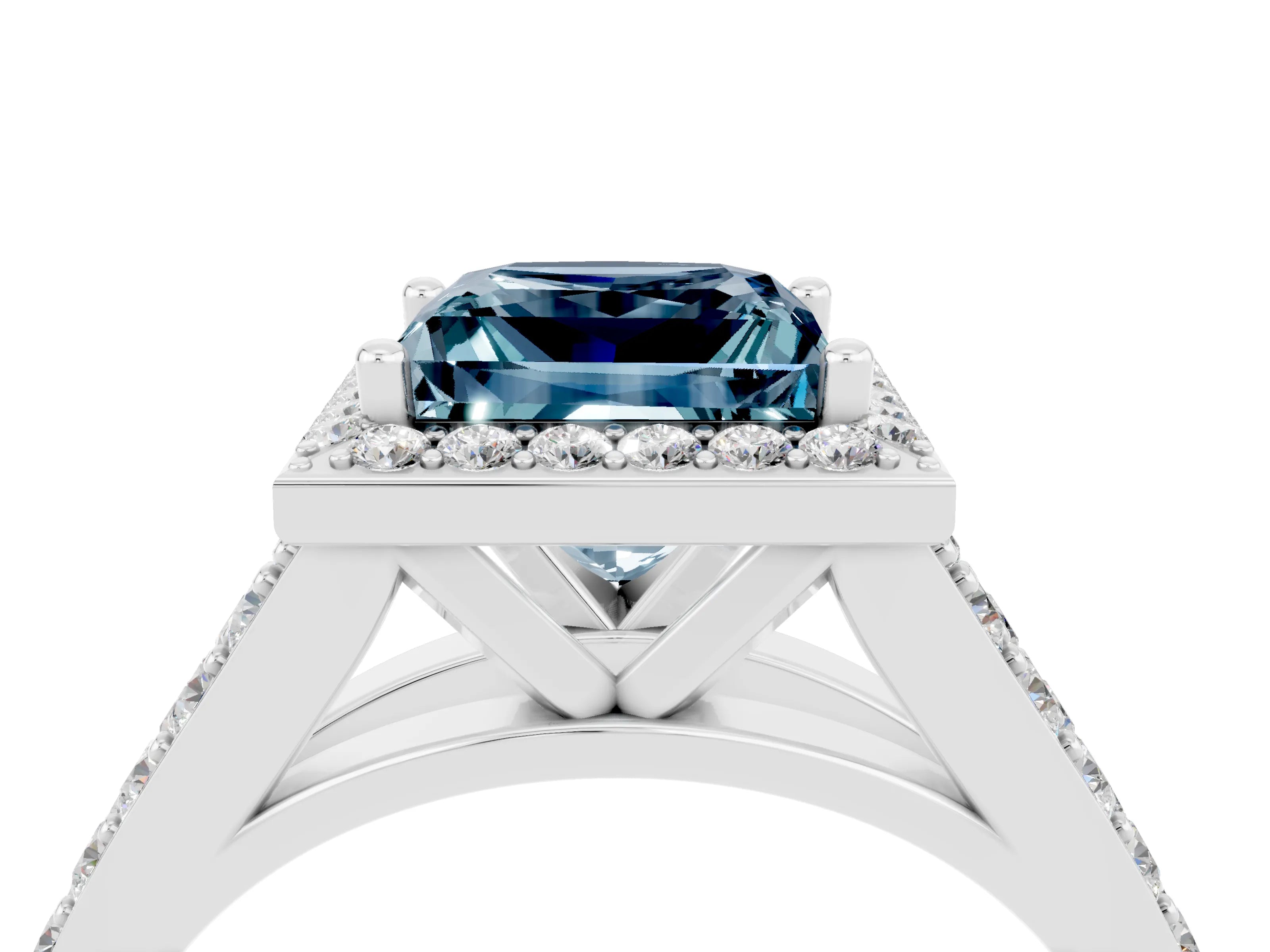 White gold Princess Cut Aquamarine Split Shank Halo Ring with Four-Prong Setting_64