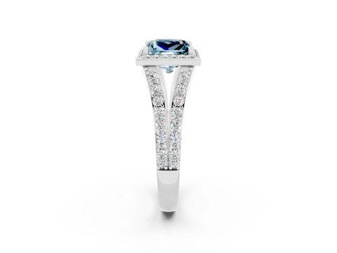 White gold Princess Cut Aquamarine Split Shank Halo Ring with Four-Prong Setting_65