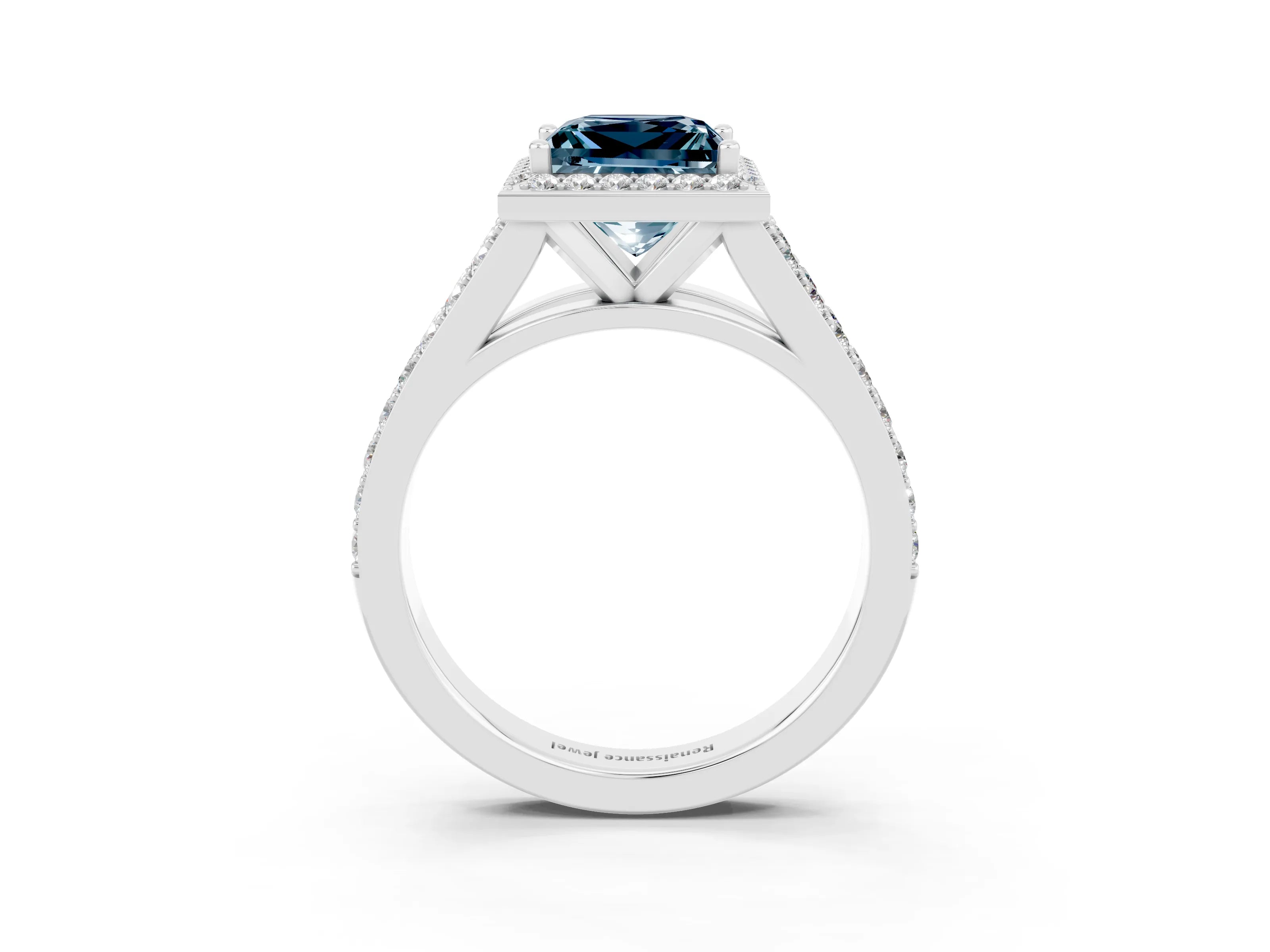 White gold Princess Cut Aquamarine Split Shank Halo Ring with Four-Prong Setting_66