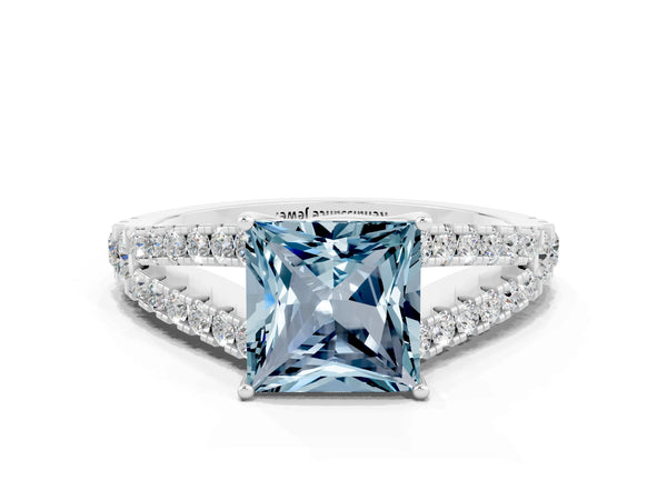 Silver Princess Cut Aquamarine Split Shank Pavé Engagement Ring with Four-Prong Setting