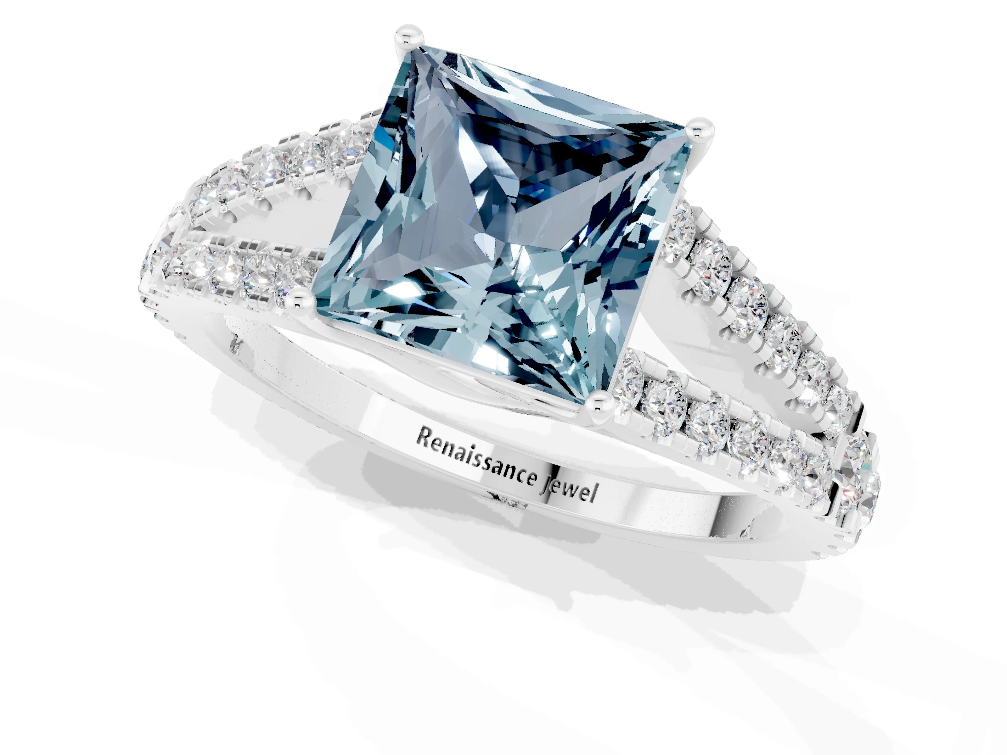 White gold Princess Cut Aquamarine Split Shank Pavé Engagement Ring with Four-Prong Setting_13
