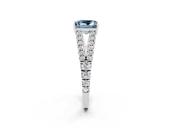 Platinum Princess Cut Aquamarine Split Shank Pavé Engagement Ring with Four-Prong Setting