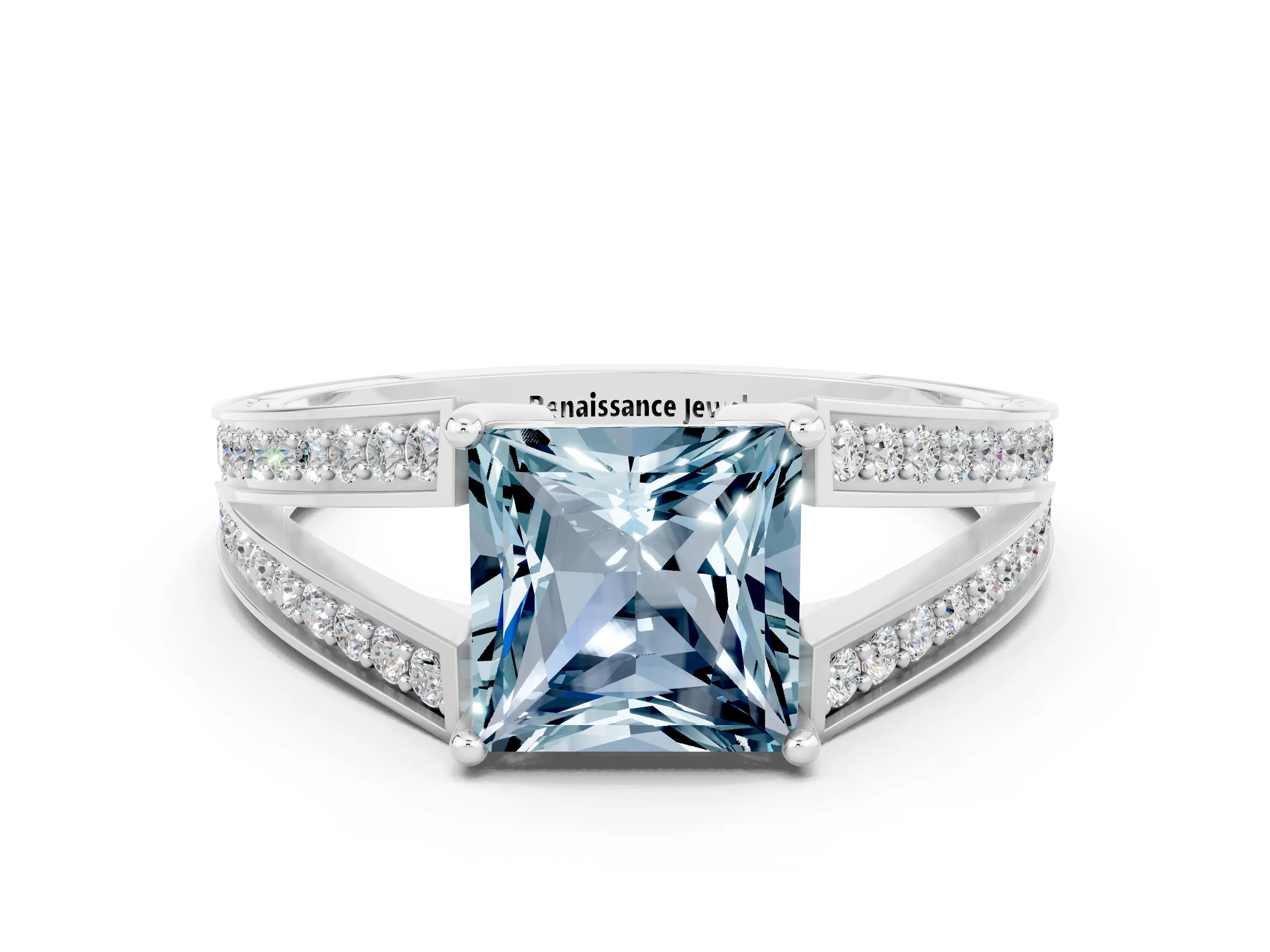 White gold Princess Cut Aquamarine Split Shank Ring with Pavé Band and Four-Prong Setting