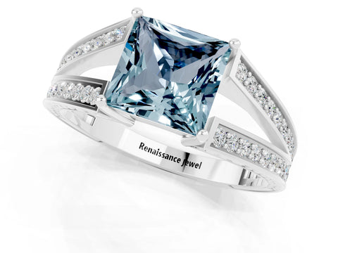 White gold Princess Cut Aquamarine Split Shank Ring with Pavé Band and Four-Prong Setting_1