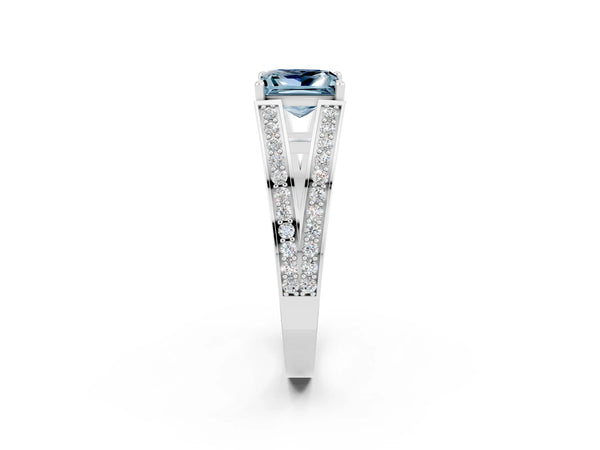 Silver Princess Cut Aquamarine Split Shank Ring with Pavé Band and Four-Prong Setting