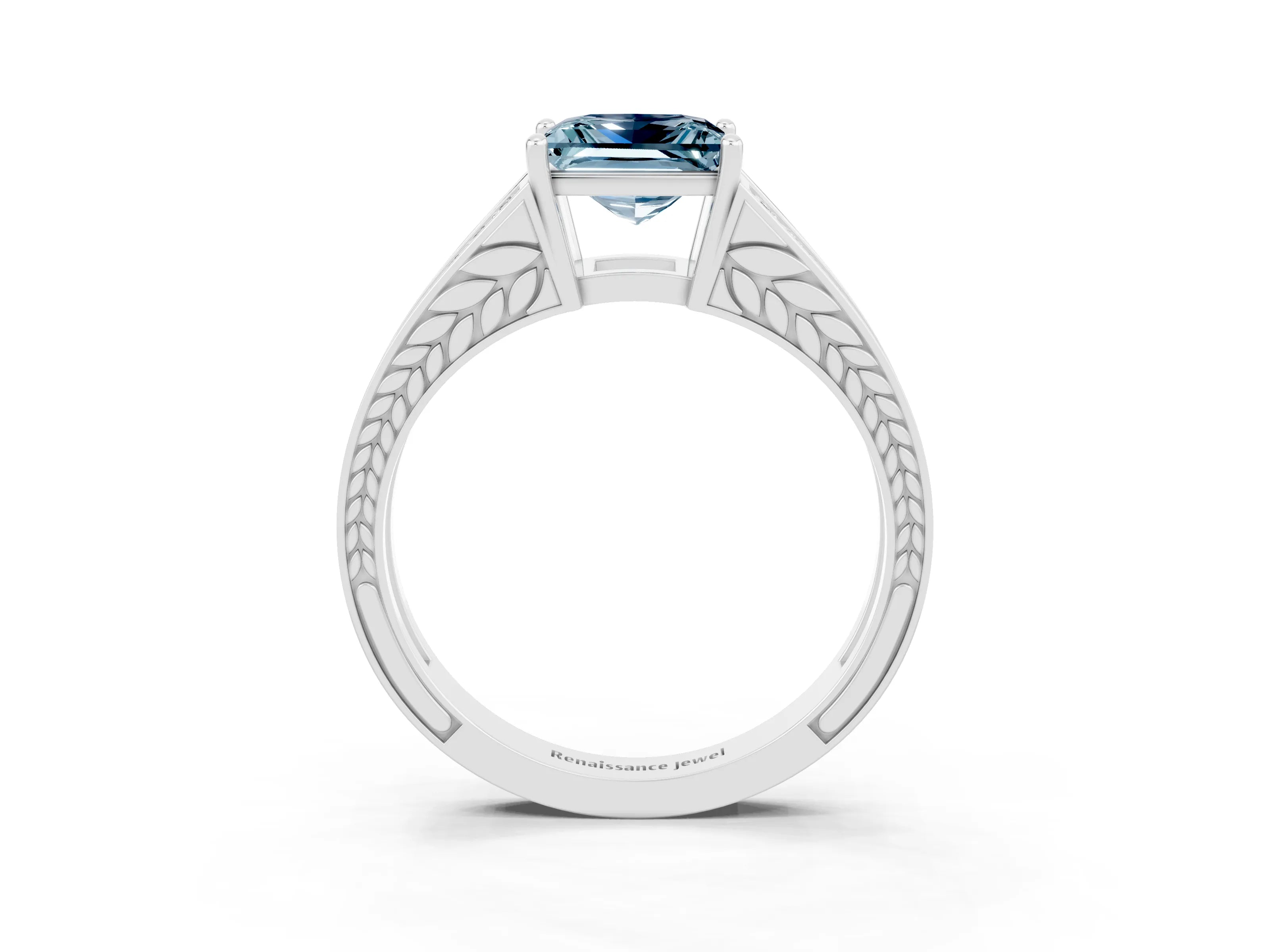 White gold Princess Cut Aquamarine Split Shank Ring with Pavé Band and Four-Prong Setting_3