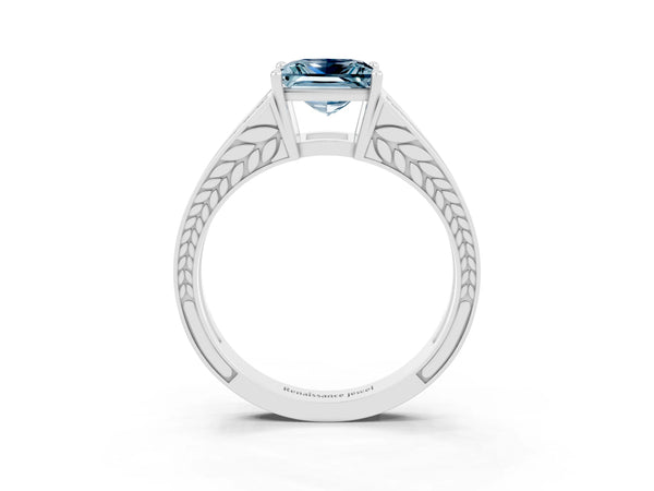 Silver Princess Cut Aquamarine Split Shank Ring with Pavé Band and Four-Prong Setting