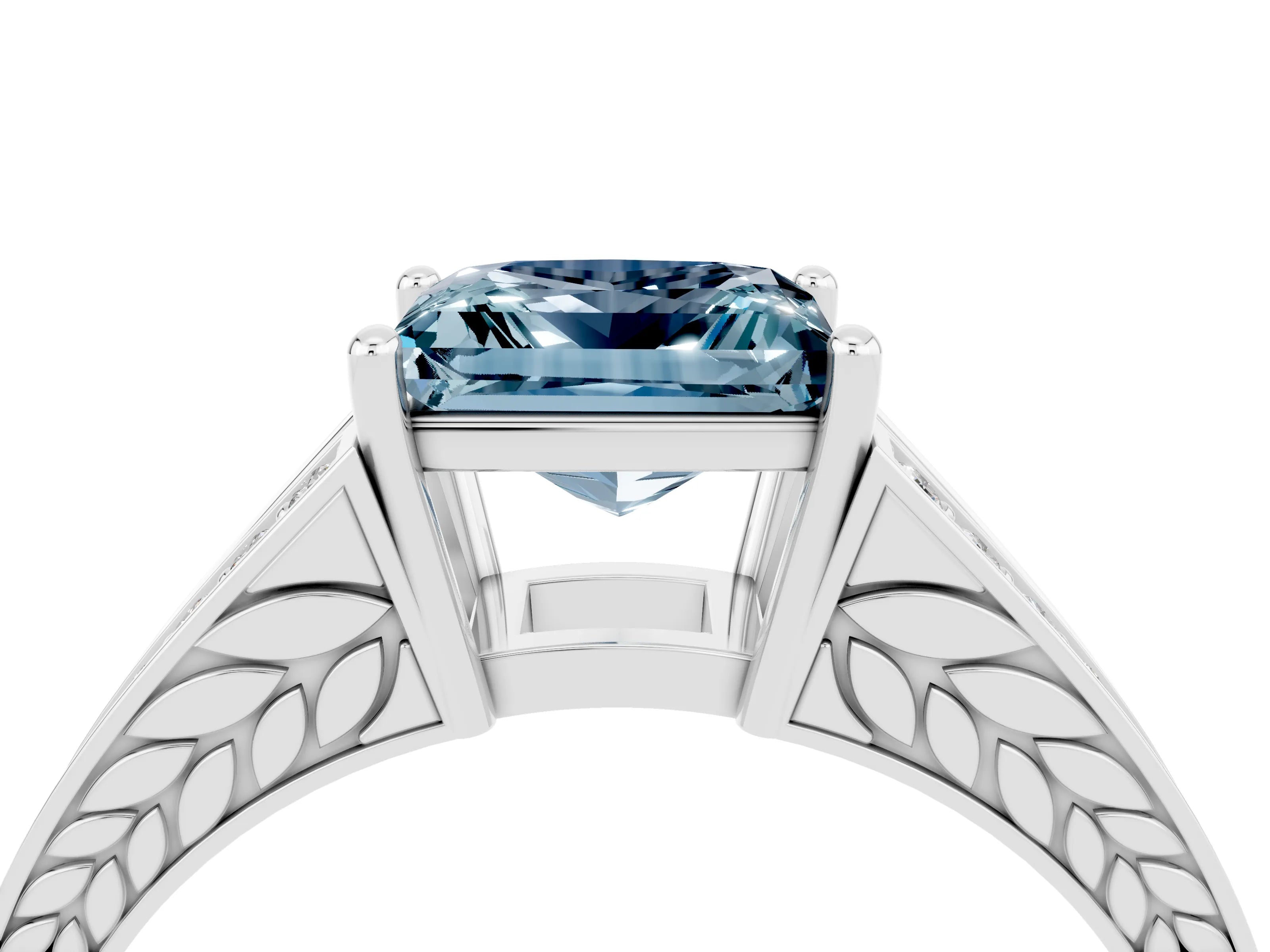 White gold Princess Cut Aquamarine Split Shank Ring with Pavé Band and Four-Prong Setting_4