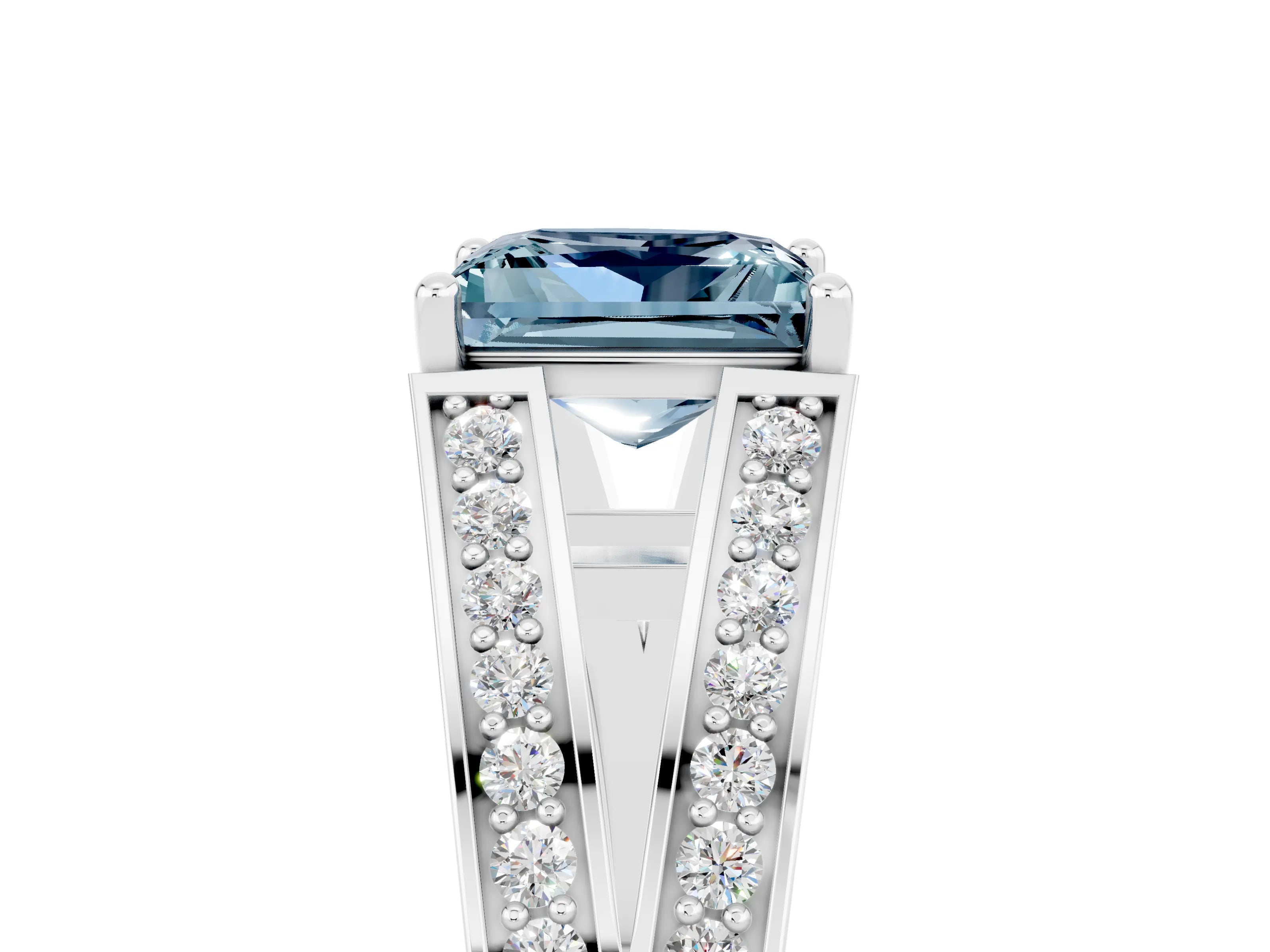 White gold Princess Cut Aquamarine Split Shank Ring with Pavé Band and Four-Prong Setting_5