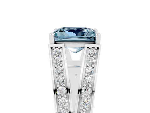 White gold Princess Cut Aquamarine Split Shank Ring with Pavé Band and Four-Prong Setting_5