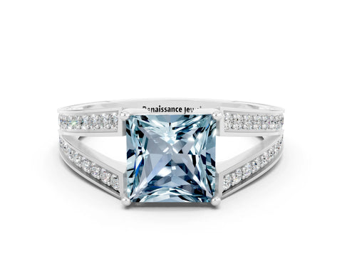 White gold Princess Cut Aquamarine Split Shank Ring with Pavé Band and Four-Prong Setting