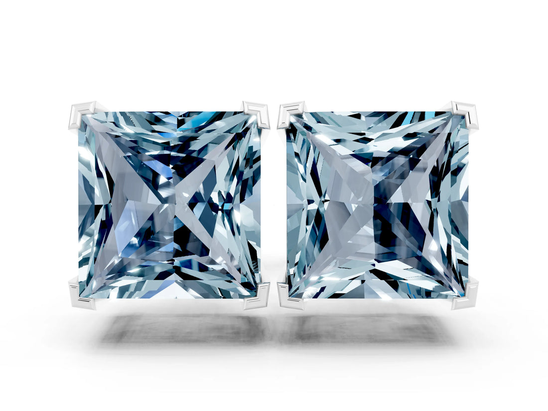 14K White Gold 5.28 Carat Princess Aquamarine Stud Earrings