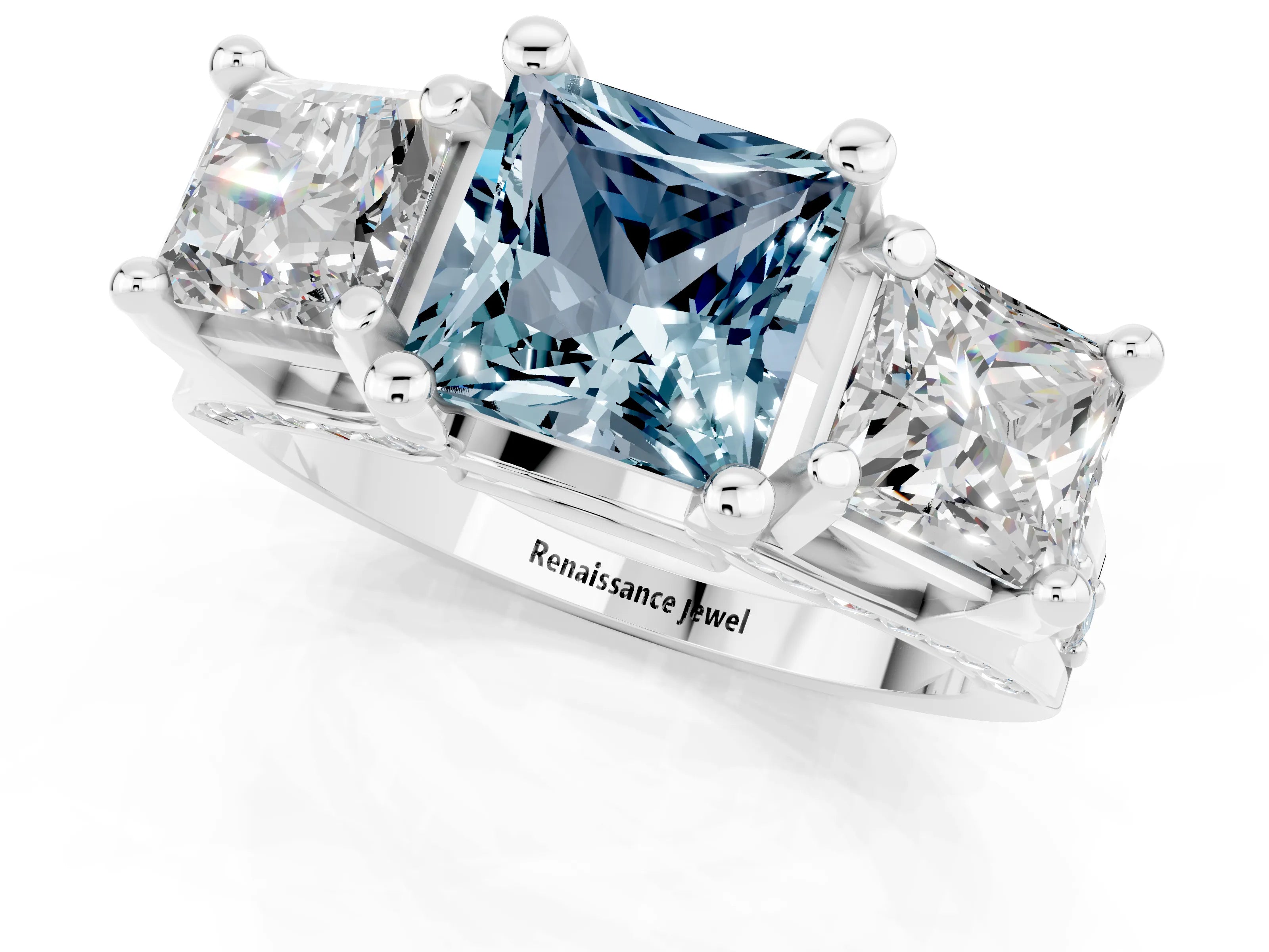 White gold Princess Cut Aquamarine Three-Stone Ring with Channel Set Band and Four-Prong Setting_1