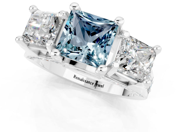 Silver Princess Cut Aquamarine Three-Stone Ring with Channel Set Band and Four-Prong Setting