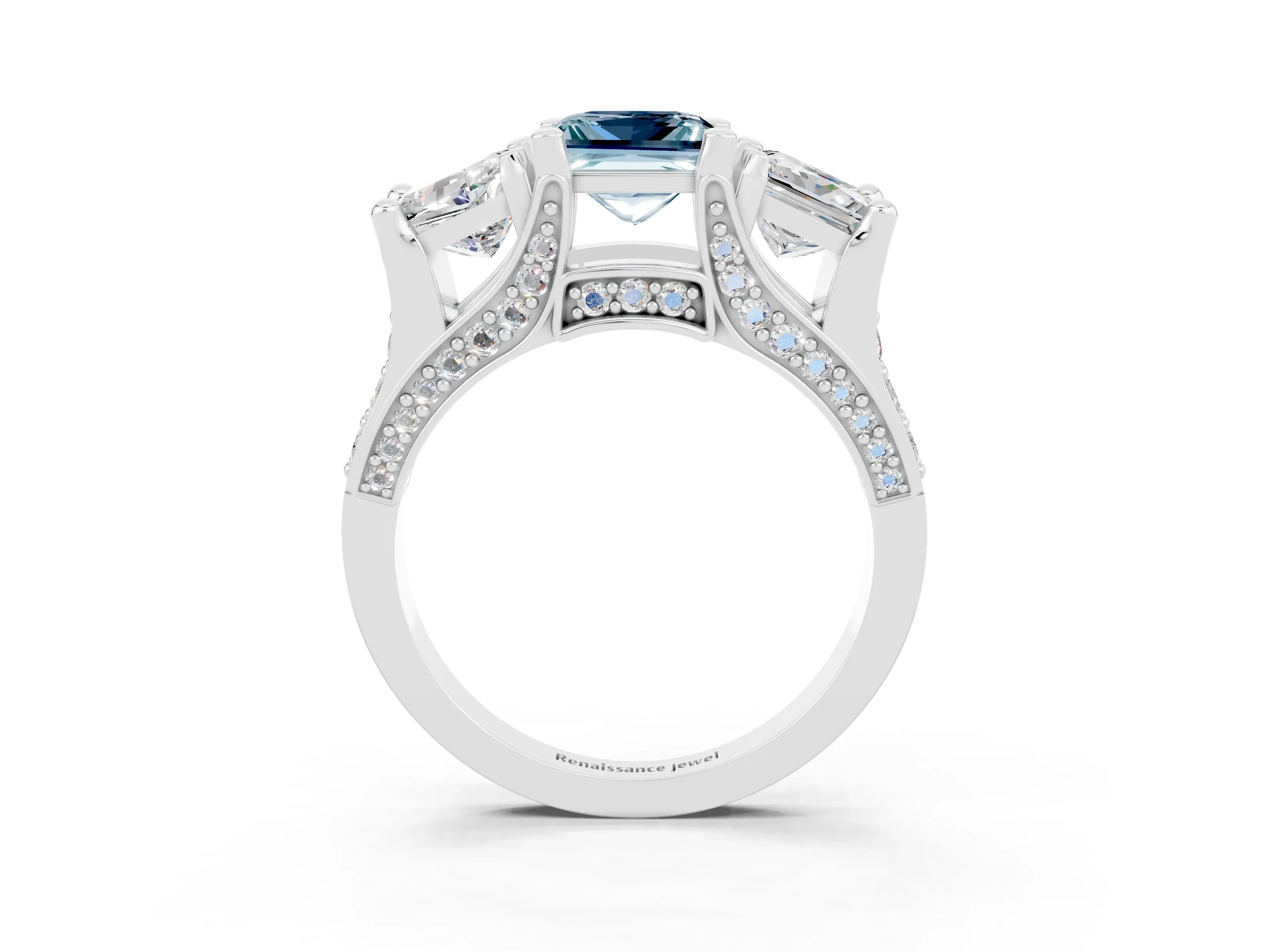 White gold Princess Cut Aquamarine Three-Stone Ring with Channel Set Band and Four-Prong Setting_3