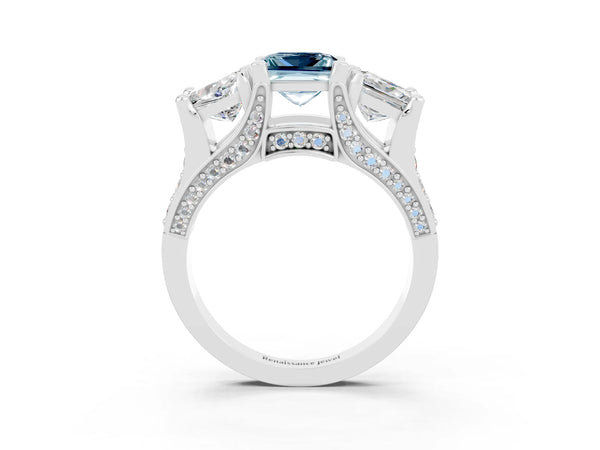 Silver Princess Cut Aquamarine Three-Stone Ring with Channel Set Band and Four-Prong Setting